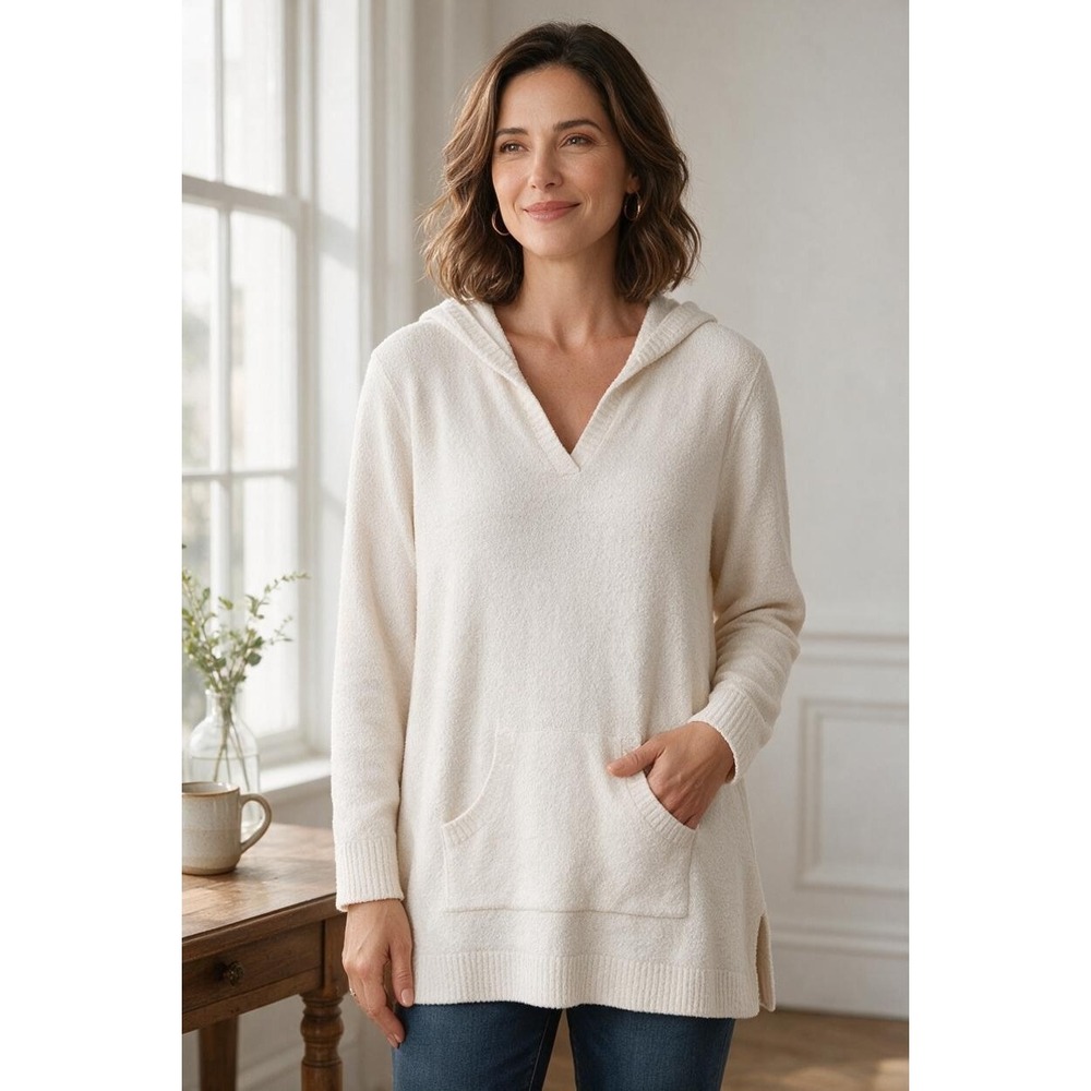 Susan Graver Women 3X Cream Knit Tunic Hoodie V-Neck Pullover #120X